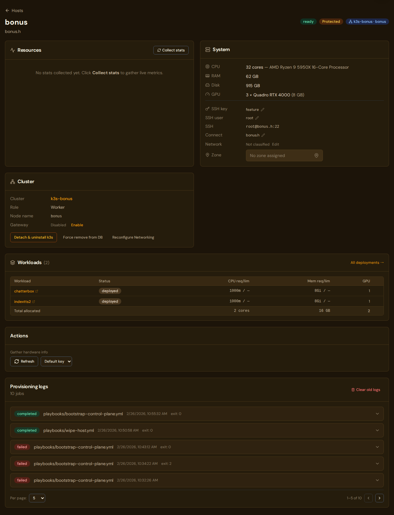 Host detail page showing the Cluster section with zone assignment field highlighted